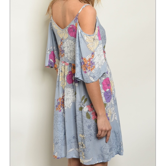 🆕 Blue Floral Cold Shoulder Dress - Picture 2 of 2